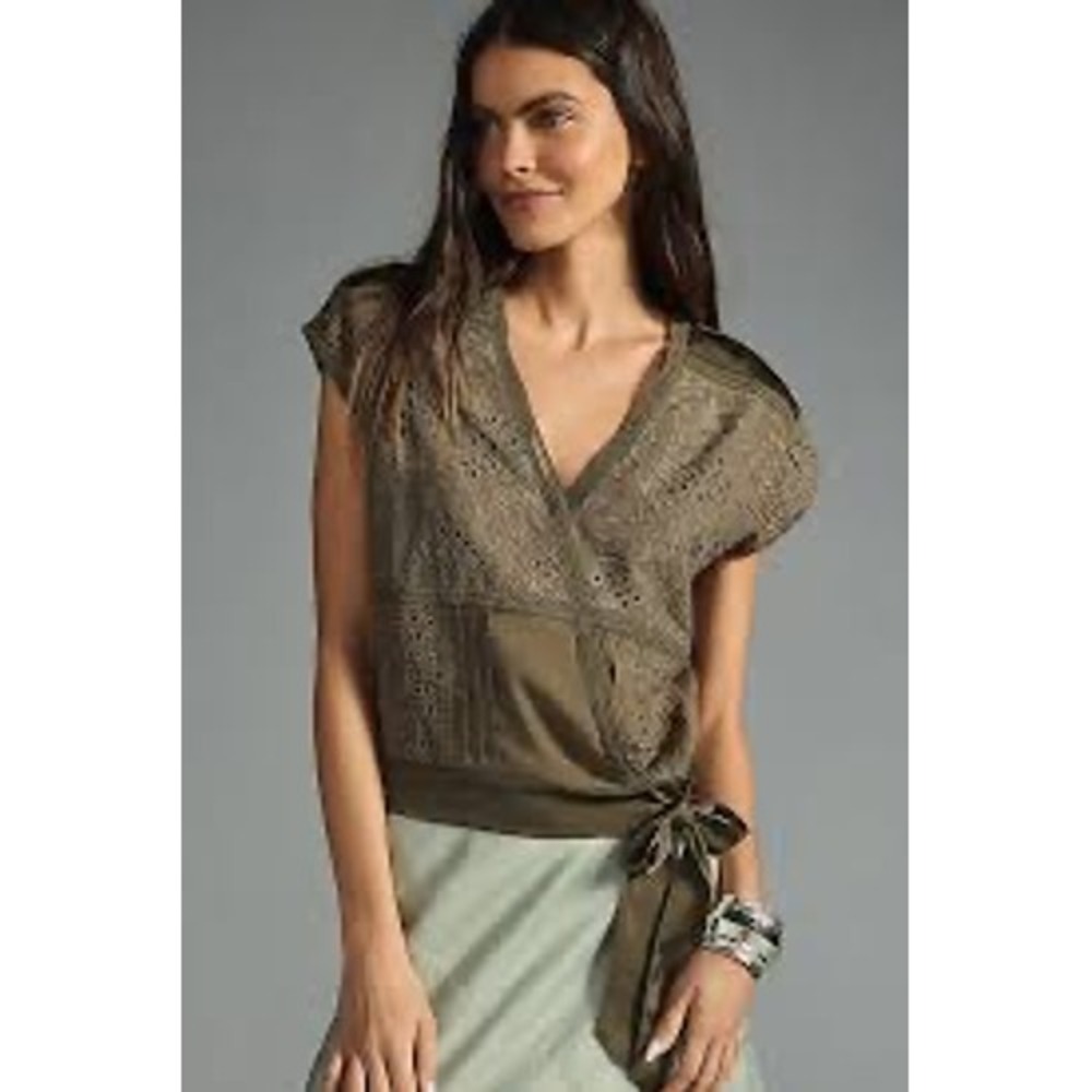 Anthropologie Tiny Tatiana Wrap Top Olive Green‎ Eyelet XS